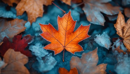 Frost covered autumn leaf amidst ice crystal laden surroundings in a serene winter landscape