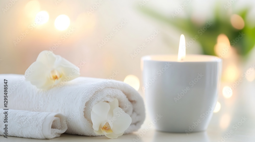 Poster Serene Spa Setting with Soft Towels and a Candle for Relaxation and Peace : Generative AI