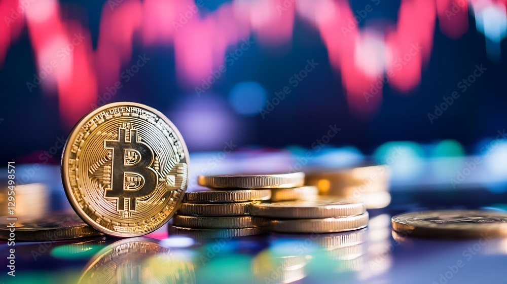 Aufkleber golden bitcoin coins stacked with a vibrant digital stock chart representing cryptocurrency investme