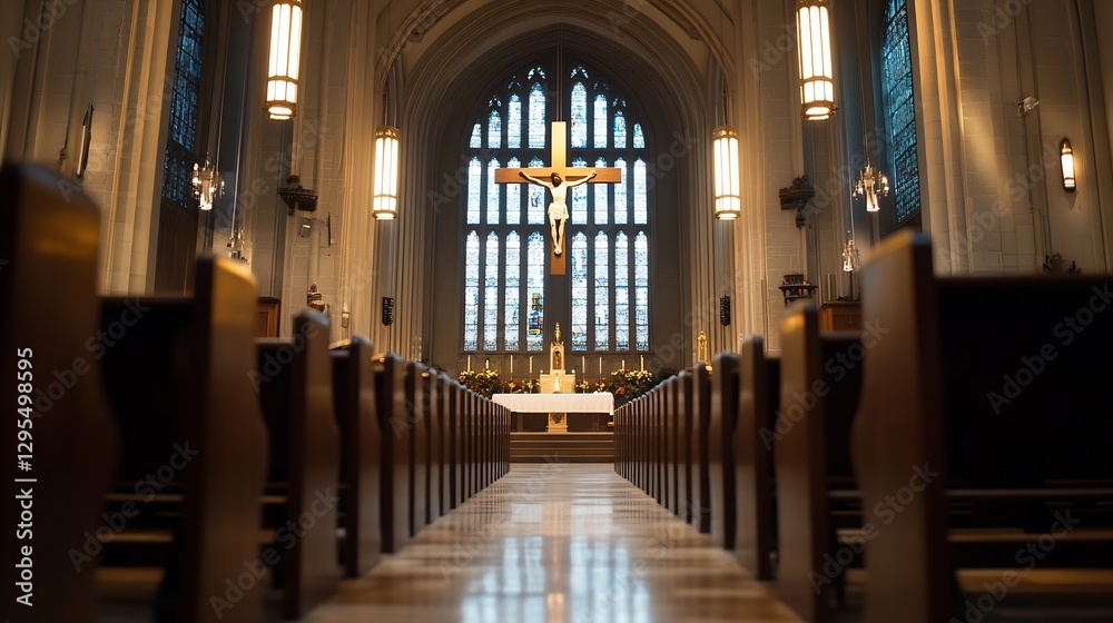 Poster inside view of a grand church with an illuminated cross and empty pews creating a serene atmosphere 