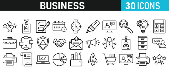 Set of 30 Business icons. Business web icons in line style. Money, bank, contact, infographic, balance. Icon collection. Vector illustration.
