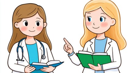 Two Female Doctors Engaged in Discussion with Books in Hands