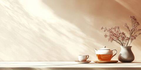 Obraz premium Serene minimalist tea setting with a glass teapot, ceramic cup, and dried flowers in a textured vase, bathed in soft natural light and gentle shadows