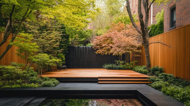 A backyard with a cool-toned modern design, featuring a wooden deck and black granite waterfall wall.