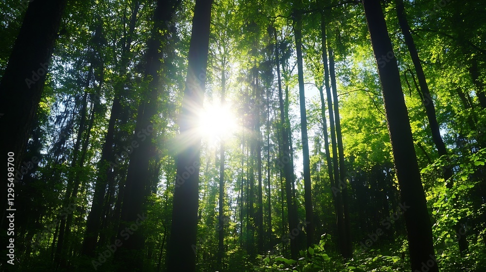 Poster Sunlight streaming through lush forest trees creating a magical woodland atmosphere : Generative AI