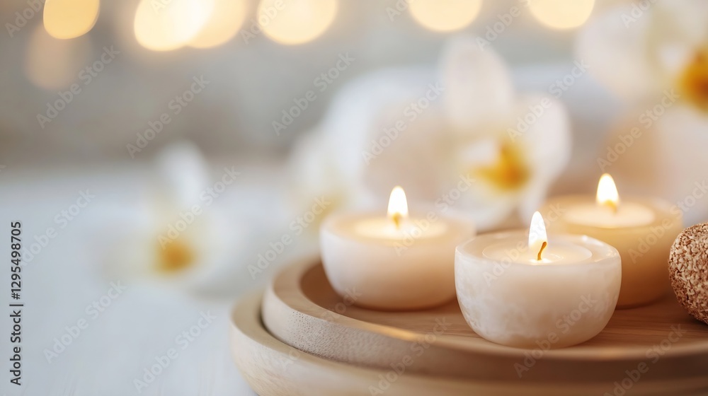 Poster serene collection of three flickering candle lights on a natural wooden tray with soft background : 