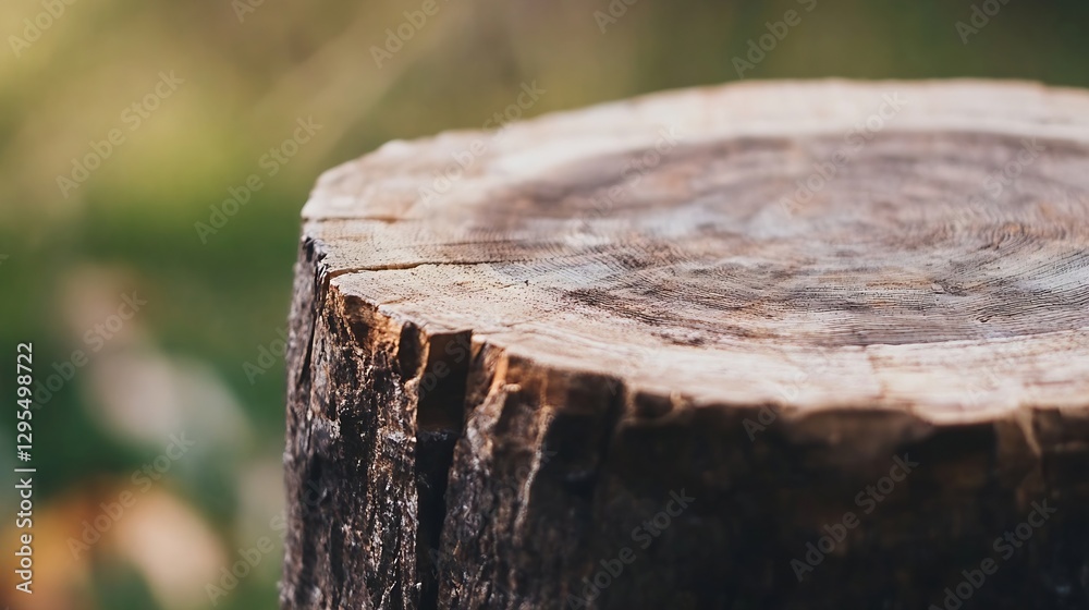 Poster Close up of a rustic wooden tree stump showcasing its rich texture and natural patterns in sunlight : Generative AI