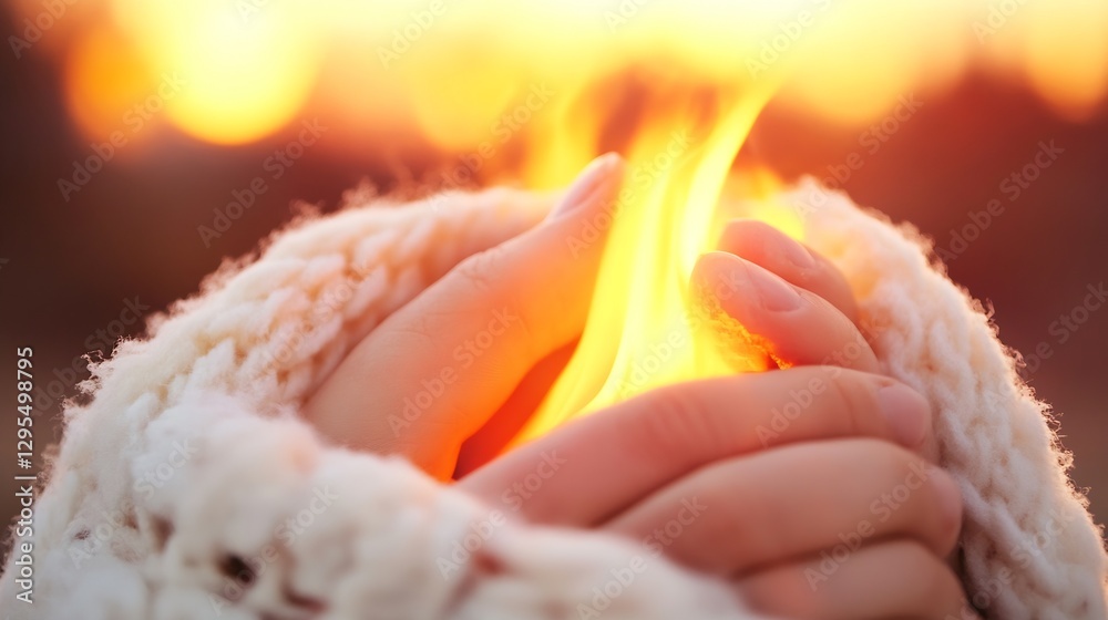 Poster gentle hands embracing warm light in cozy knitted texture on soft focus background : generative ai