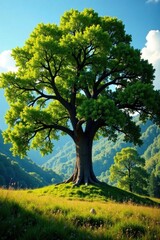 Mature oak trees standing alone in a serene forest landscape, foliage, tranquility, forest