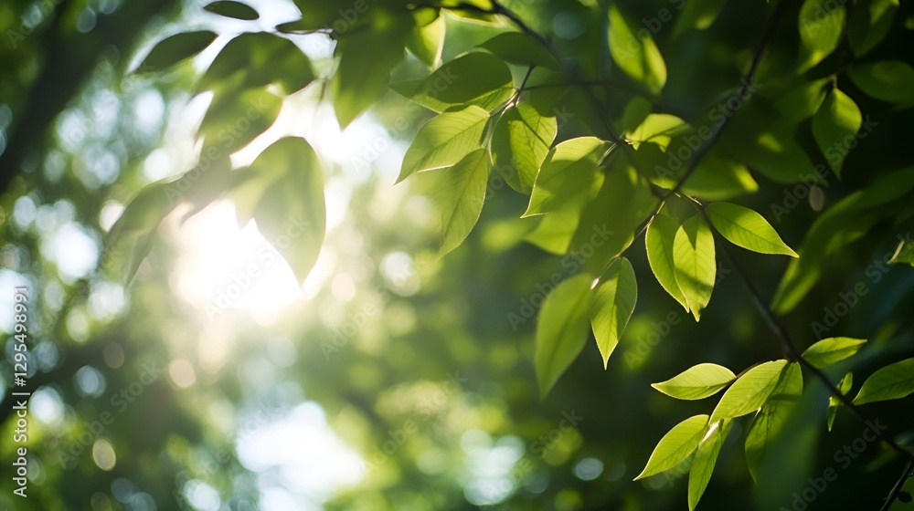 Poster Close Up View of Green Leaves with Sunlight Filtering Through in a Lush Forest Setting : Generative AI