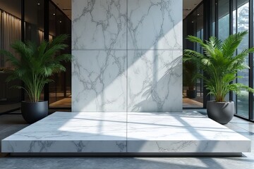 Modern Marble Platform with Plants in a Stylish Lobby