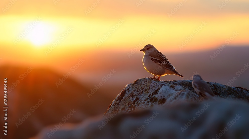 Poster Charming bird perched on a rock at sunrise creating an enchanting atmosphere with soft glowing colors of nature : Generative AI