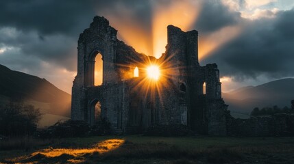 Fototapeta premium Sunburst shines through the ruins of an old stone abbey