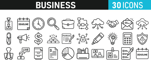 Set of 30 Business icons. Business web icons in line style. Money, bank, contact, infographic, balance. Icon collection. Vector illustration.