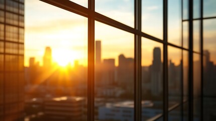 Fototapeta premium Breathtaking Urban Sunset View From Interior Window With City Silhouette : Generative AI