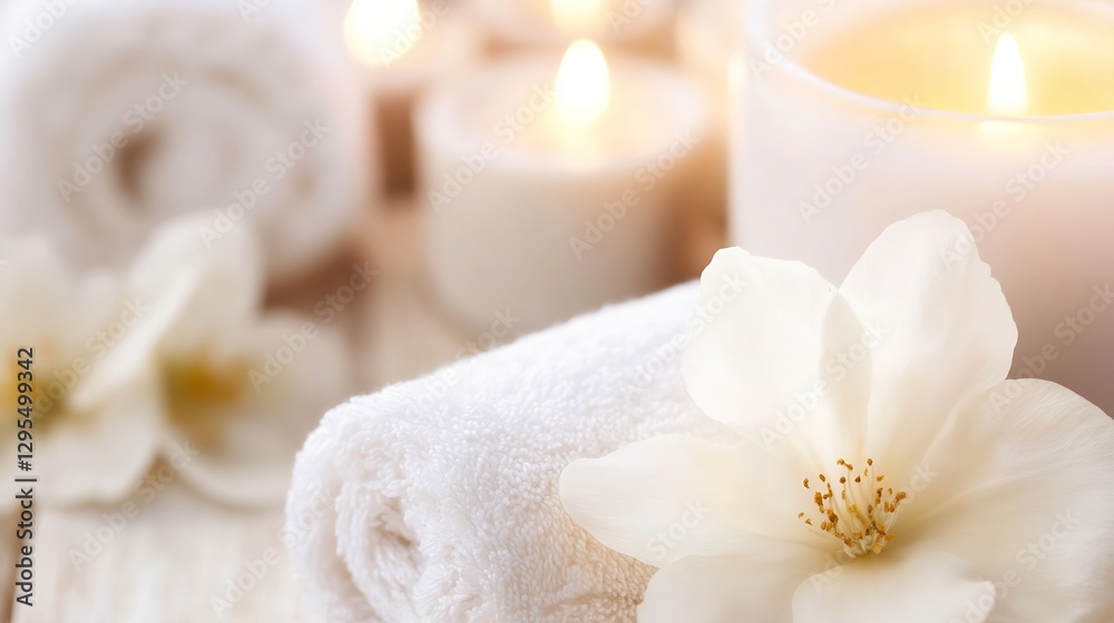Poster spa essentials with soft towels candles and white flower for relaxing ambiance : generative ai