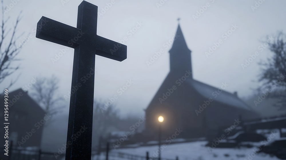 Poster foggy cemetery scene with cross and church in the background capturing a mysterious atmosphere : gen