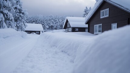Picturesque snow covered street lined with cozy houses in a serene winter setting : Generative AI