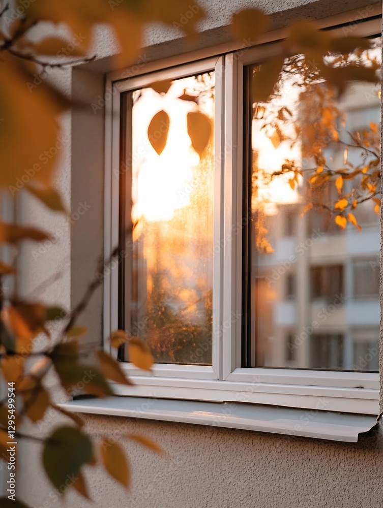 Poster autumn leaves reflecting the warm golden sunlight in a modern window frame creating a cozy atmospher