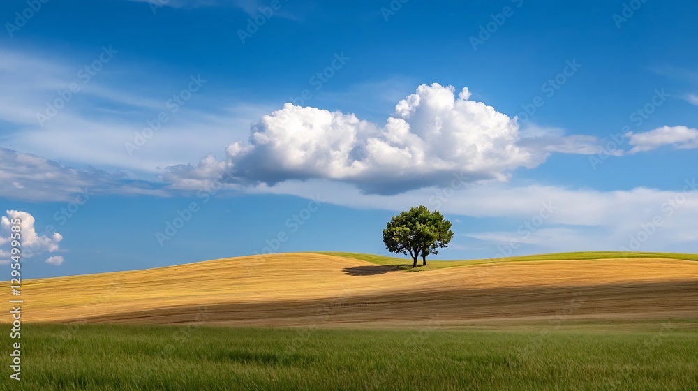 Poster isolated tree standing proudly on a golden field beneath a bright blue sky with fluffy white clouds 