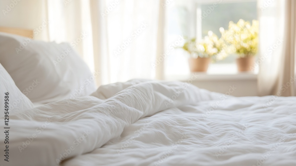 Poster cozy unmade bed in soft light with sun streaming through window and indoor plants : generative ai