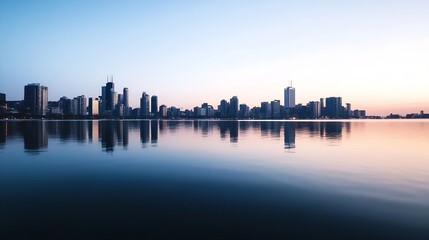 Obraz premium Tranquil city skyline reflected in calm water at dusk with soft pastel colors from sunset : Generative AI