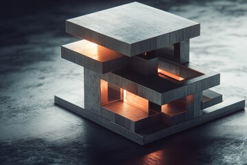 Minimalistic isometric abstract cube with layered components and soft lighting on dark background