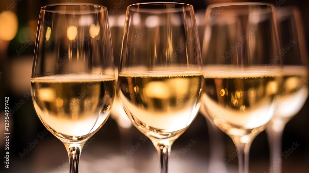 Poster elegant close-up of wine glasses filled with refreshing white wine in dimly lit environment : genera