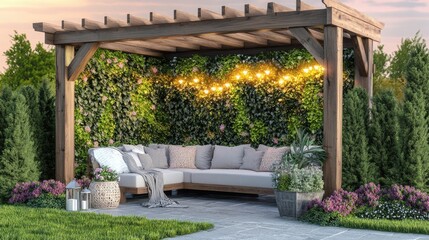 Obraz premium A charming patio corner with a wooden vertical garden frame.