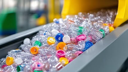 Recycled Plastic Bottles on Conveyor Belt in Modern Sorting Facility