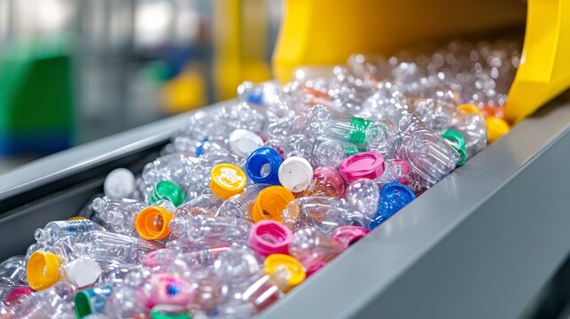 Recycled Plastic Bottles on Conveyor Belt in Modern Sorting Facility