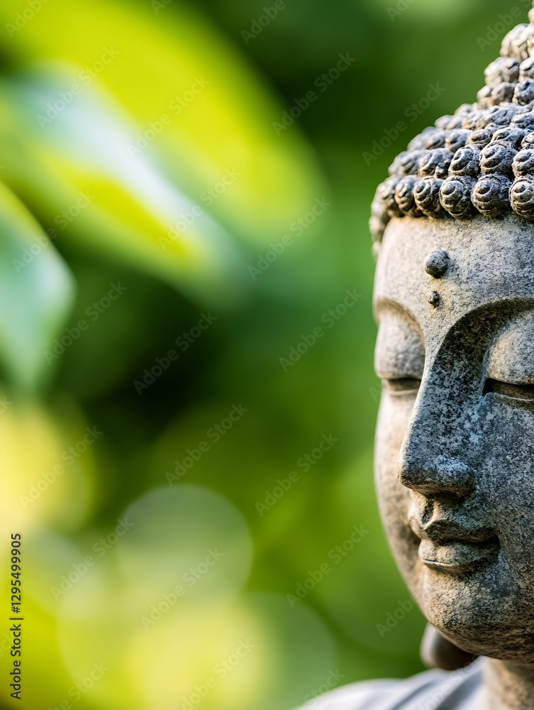 Poster serene close up of a buddha statue surrounded by lush green background : generative ai