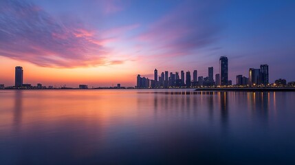 Fototapeta premium Stunning city skyline reflected in a calm lake during sunset with colorful clouds : Generative AI