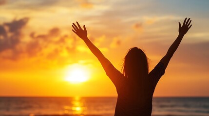 Fototapeta premium Joyful Woman Celebrating Life at Dusk with Arms Raised Against Stunning Sunset : Generative AI