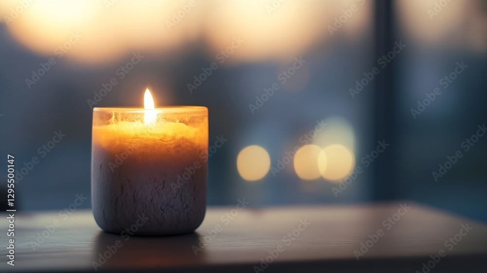 Aufkleber beautiful burning candle on table with warm glow against evening background : generative ai