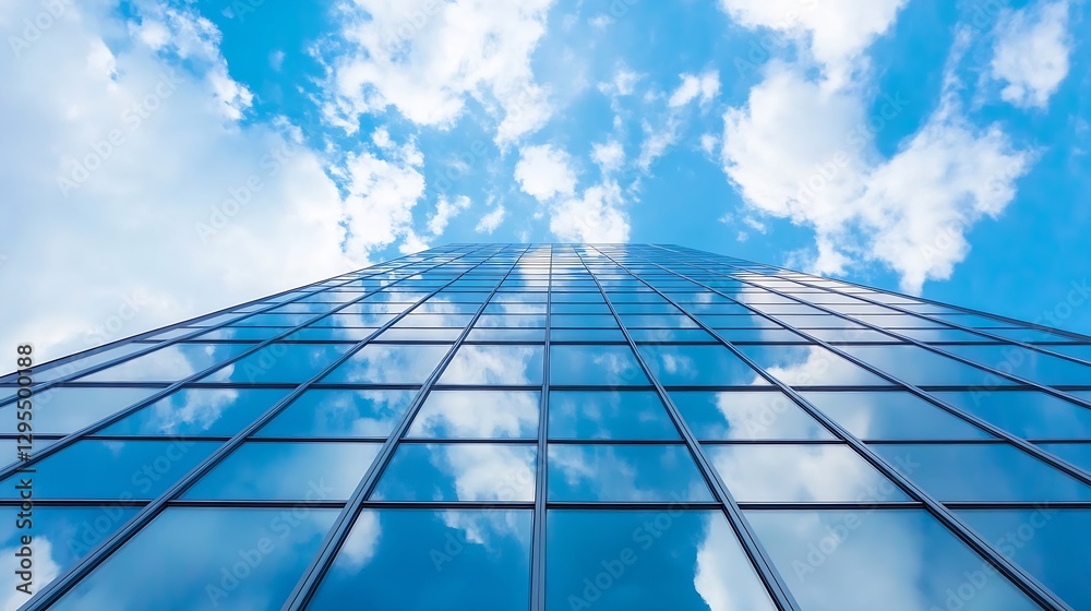 Poster Modern skyscraper reflecting blue sky and fluffy white clouds from a unique low angle perspective showcasing urban architecture : Generative AI