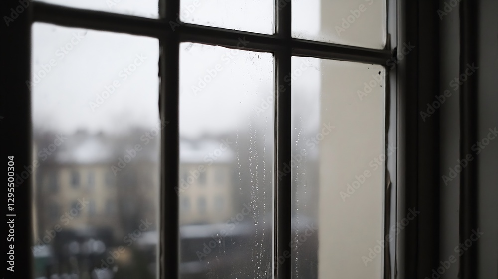 Aufkleber Raindrops on a Window Pane with a View of a Gloomy Urban Scene : Generative AI