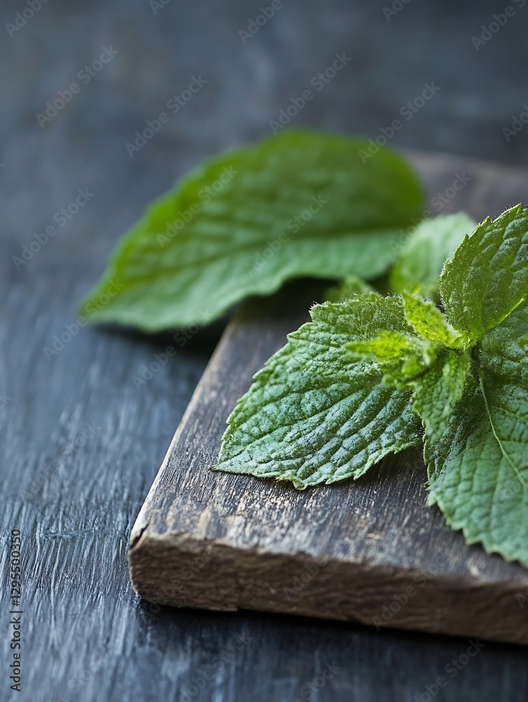 Poster fresh green mint leaves resting on a rustic wooden surface with a dark backdrop for culinary inspira