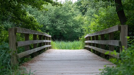 Beautiful wooden bridge leading into a lush green forest surrounded by vibrant trees and plants : Generative AI