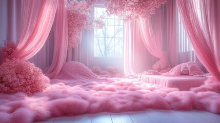 Dreamy Pink Bedroom with Fluffy Floor and Cherry Blossom Decor