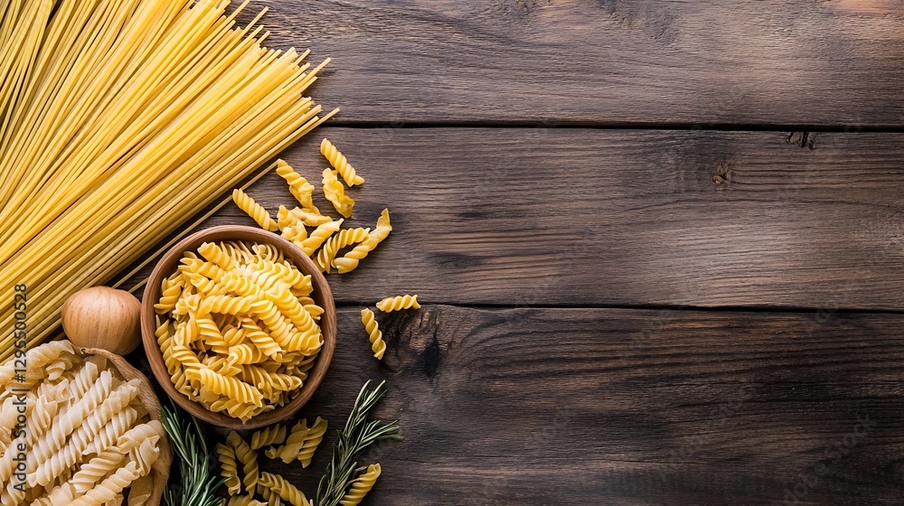 Poster artisan pasta varieties arranged beautifully on a rustic wooden background showcasing culinary elega