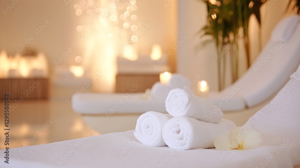 Aufkleber tranquil spa setting with white rolled towels surrounded by soft light and greenery : generative ai