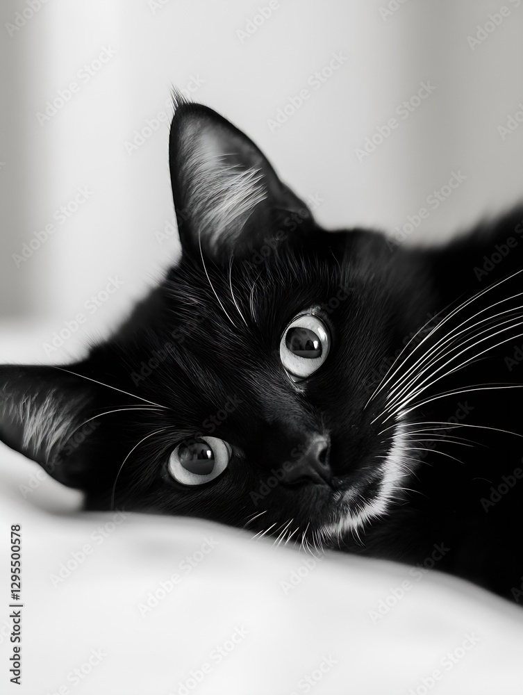 Poster adorable black and white cat relaxing on a soft surface with expressive eyes full of curiosity : gen