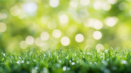 Obraz premium Fresh green grass with morning dew glistening under soft sunlight creating a serene and vibrant scene for nature lovers