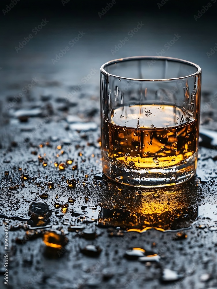 Poster closeup of a glass of whiskey surrounded by ice and water drops on a dark surface : generative ai