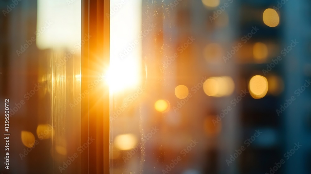 Leinwandbilder Sunlight shining through a glass window creating beautiful bokeh effects with urban landscape in the background : Generative AI