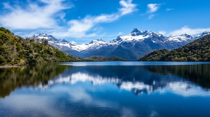 Breathtaking view of calm lake surrounded by snowcapped mountains and blue skies : Generative AI