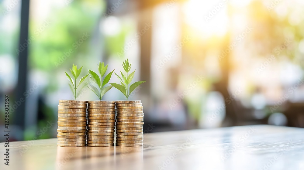 Poster conceptual image of money growth with green plants sprouting from stacks of coins in a bright atmosp