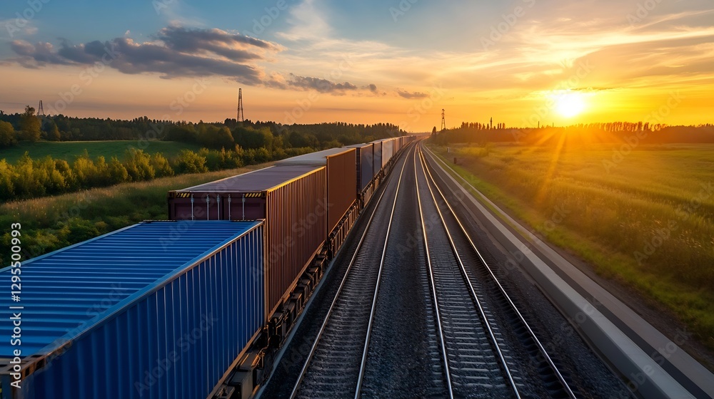 Aufkleber sunset view of freight train passing through lush green fields under a vibrant sky : generative ai