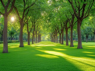 Obraz premium Serene avenue of trees with vibrant green grass bathed in sunlight creating a peaceful and inviting atmosphere in a park landscape